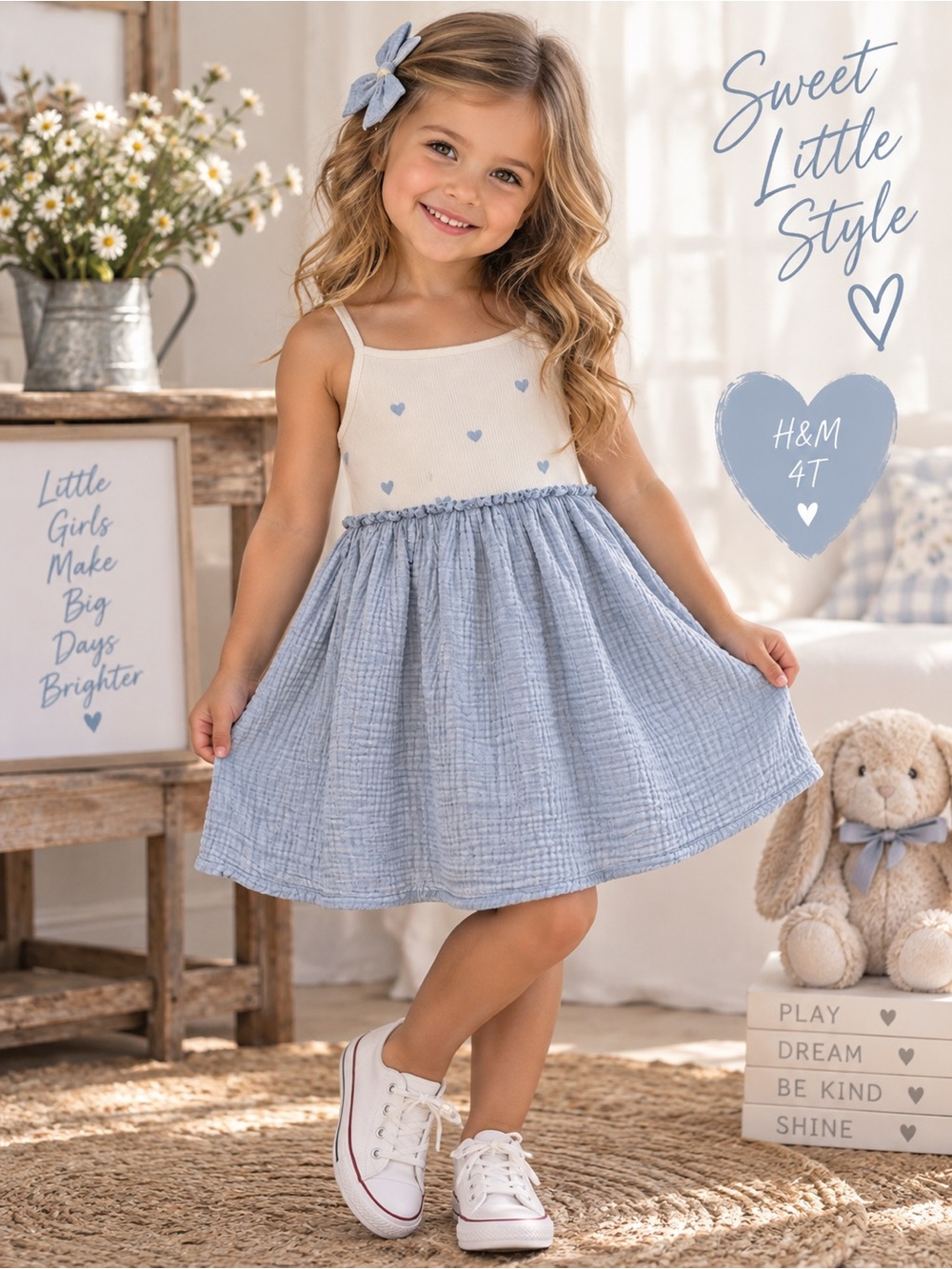 H&M Girls 4T Blue Heart Dress Cottagecore Coastal Textured Summer Sundress